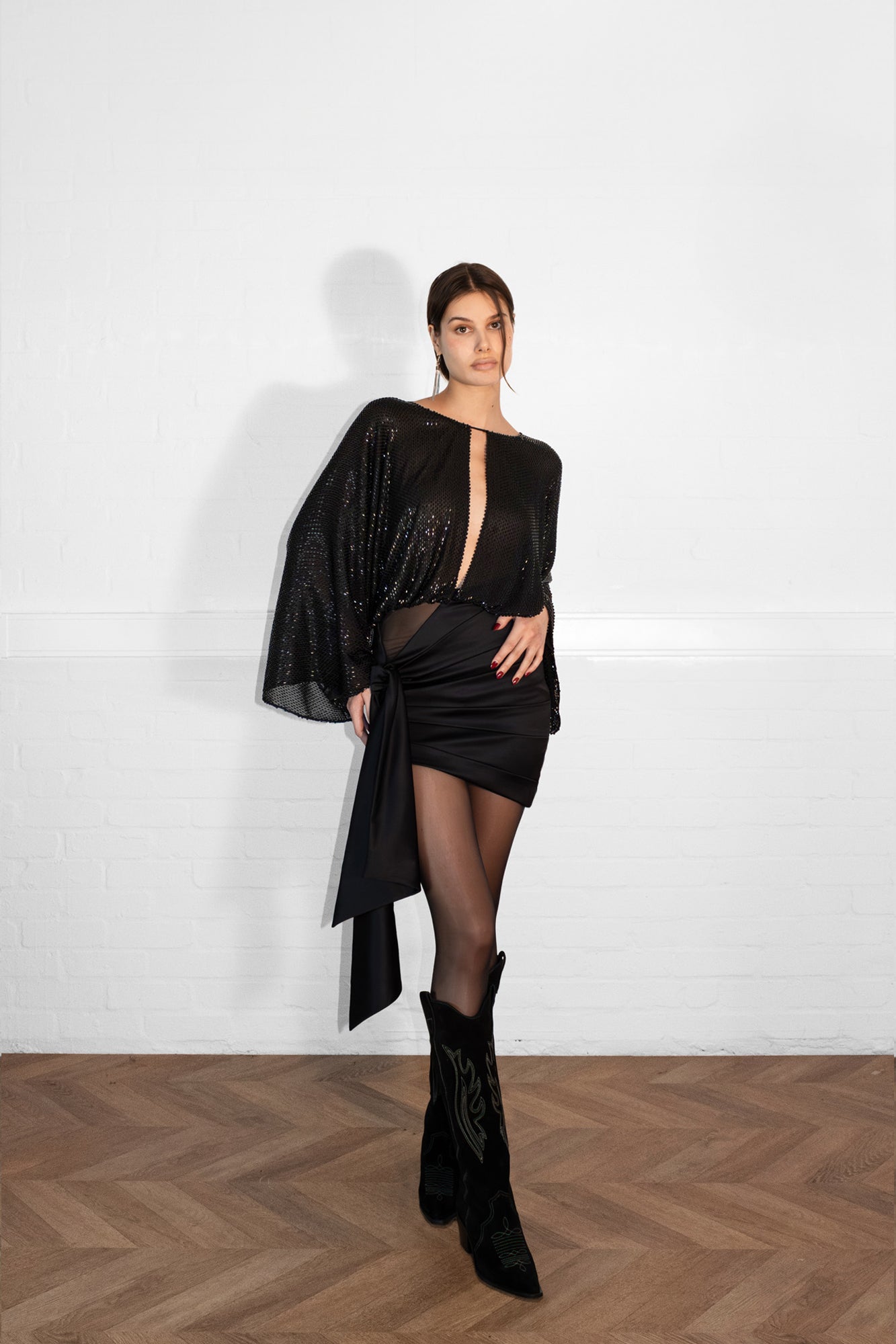 Superstar asymmetric long sleeve beaded dress