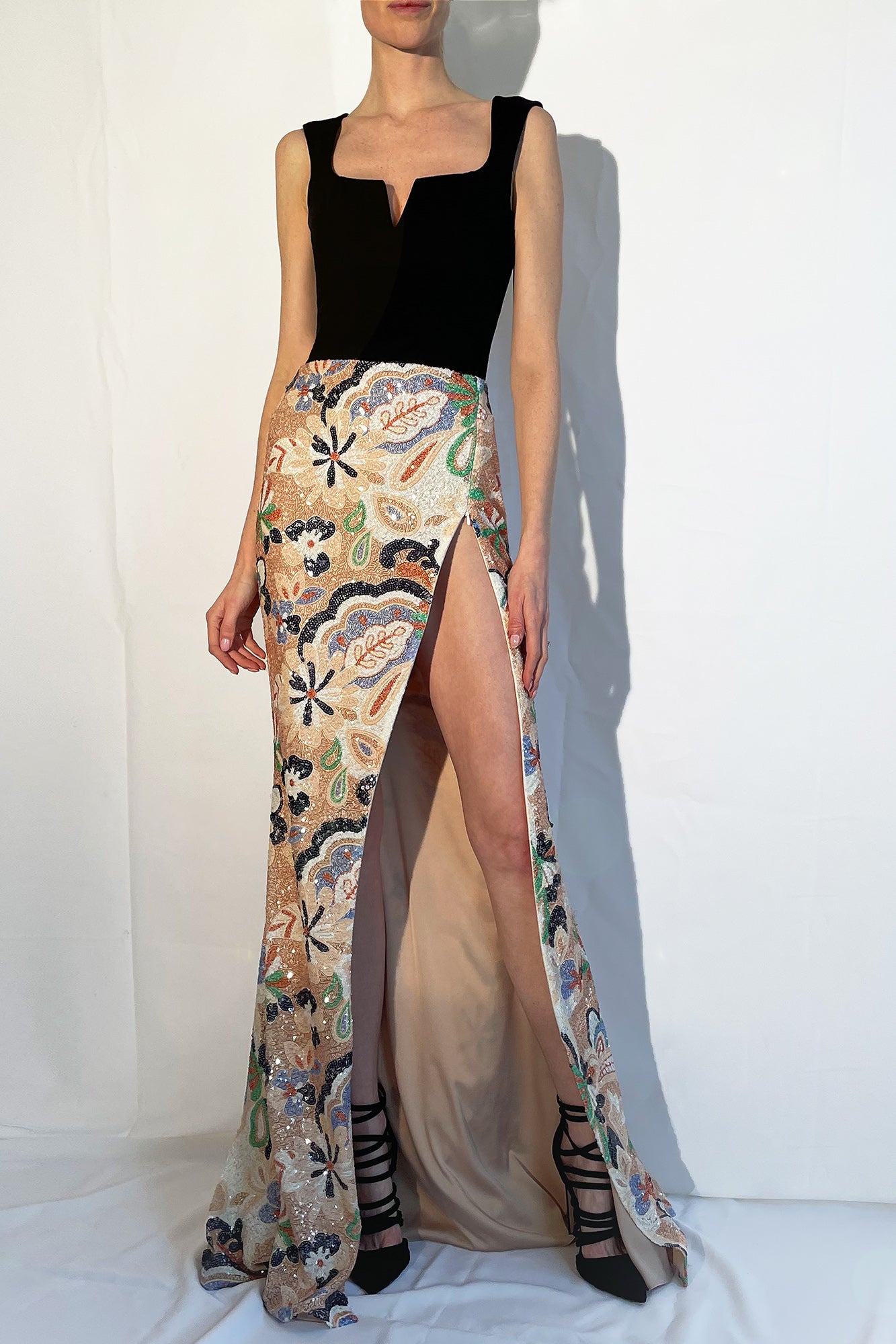 High waisted floor length skirt