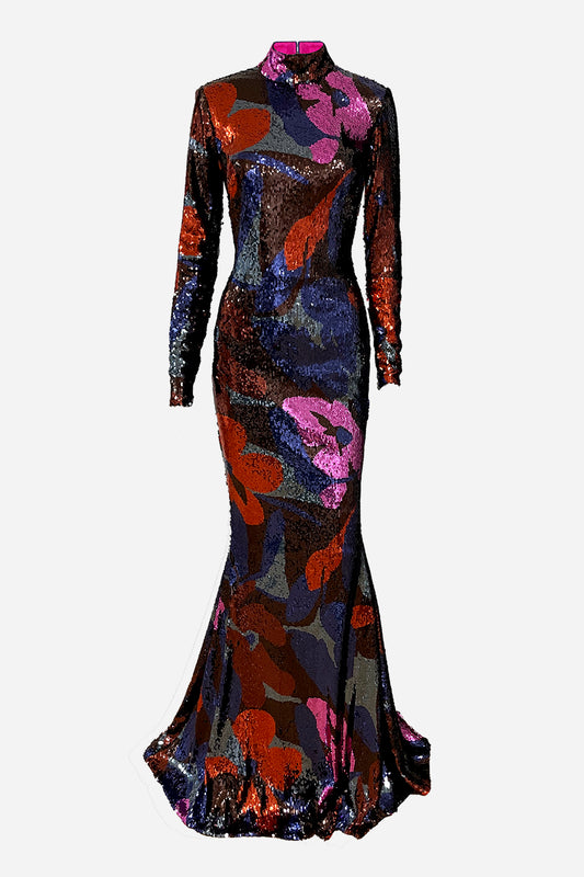 High Neck Mermaid Long Sleeved Sequin Gown